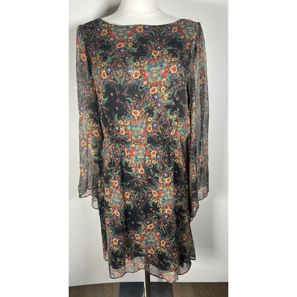 Alice + Olivia silk floral whimsigoth mini dress sheer bell sleeves L designer
